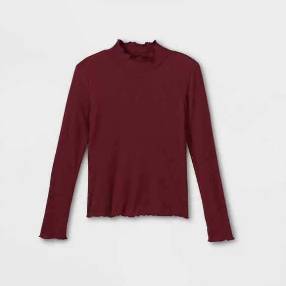 Art Class Lettuce Edge Mock Neck‎ Top Maroon M Red Pullover Long Sleeves Shirt - Picture 1 of 6